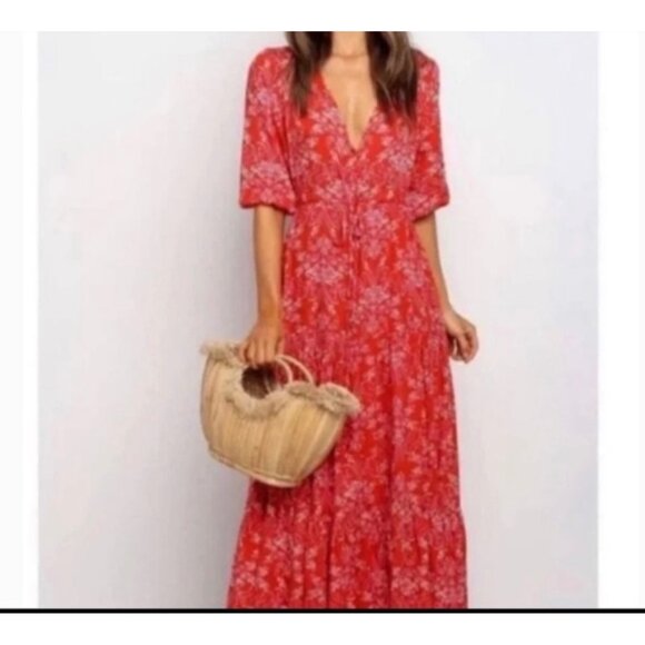 Abel the Label Red Floral Midi Dress With V-Neck Button Detail & Short Sleeves - Picture 1 of 9